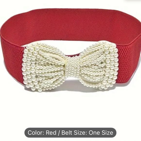 An elegant solid colored elastic waistband with a wide imitation pearl bow - Picture 5 of 10